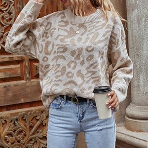 Cream Tan knit leopard oversized pullover sweater Top